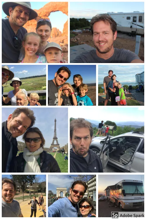 Photos of David with family, in the RV and on the road
